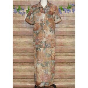 VTG 90's Y2K 2 Piece Dress & Matching Shirt Brown Floral Abalone Shell Size 8
